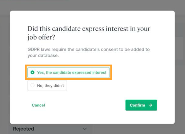 Visage asking whether the candidate expressed interest before being sent to Greenhouse.