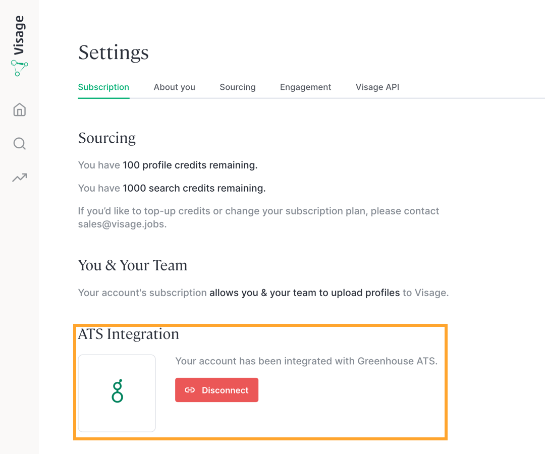 Visage settings, showing Greenhouse connected under ATS Integration.