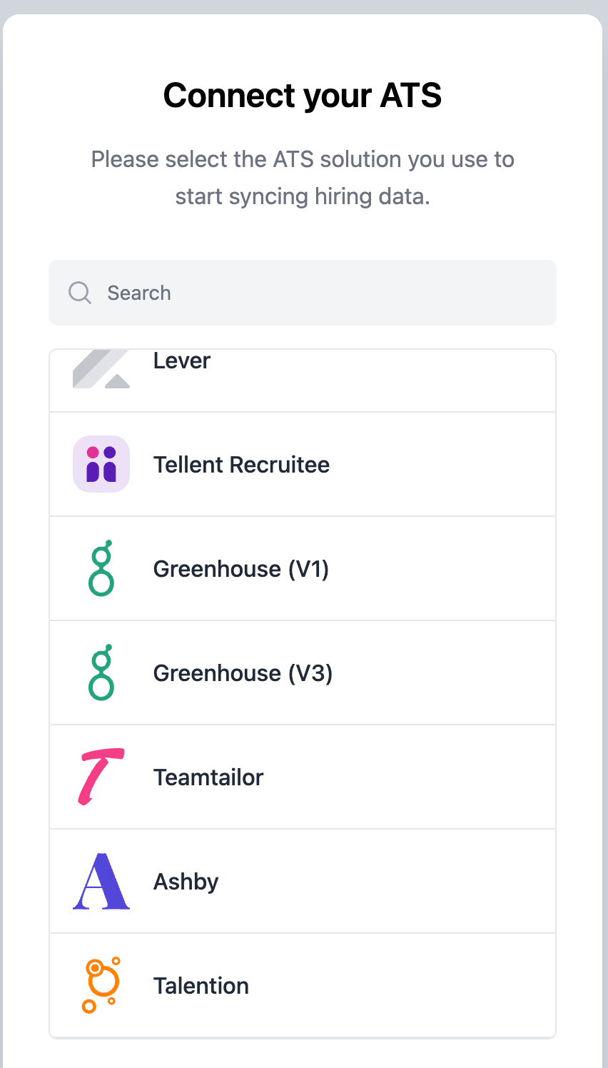 Alex AI's ATS selection screen, with Greenhouse (V3) highlighted.