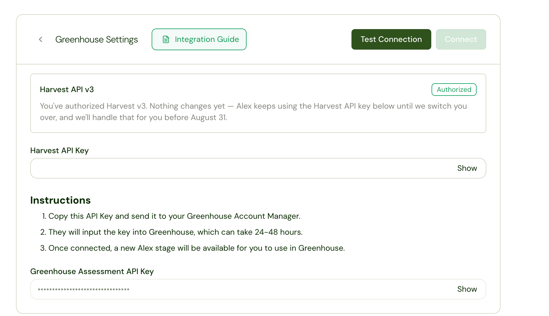 Alex AI's Harvest API v3 section showing Authorized.