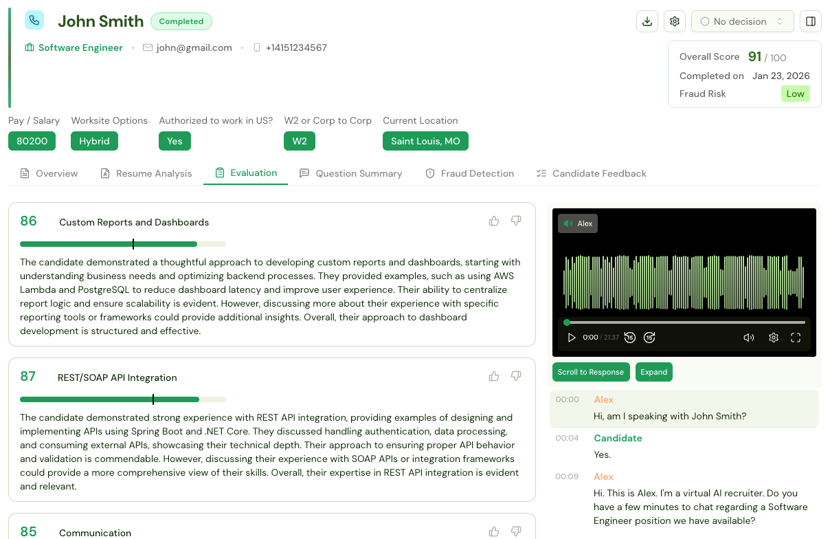 Alex AI dashboard showing the candidate's interview report.