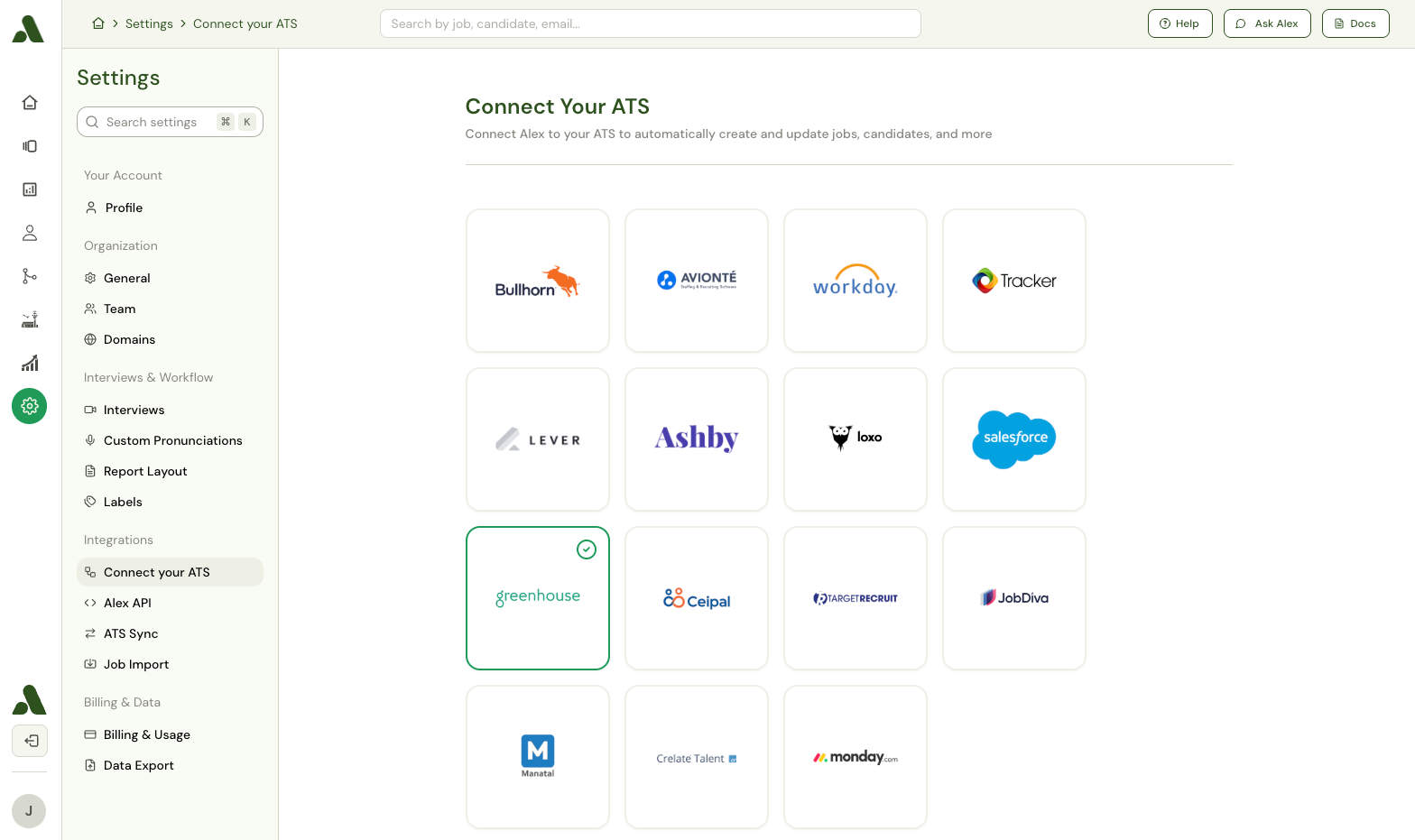 Alex AI Settings page, with Connect your ATS and Greenhouse highlighted.