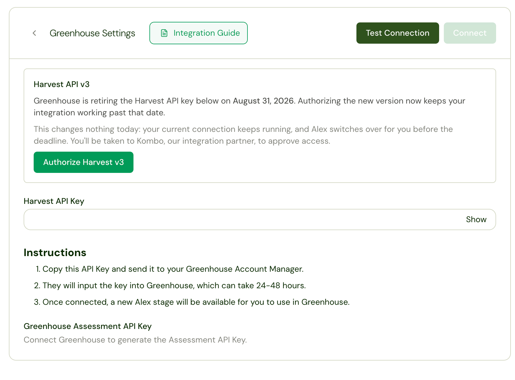 Greenhouse Settings panel, with the Harvest API v3 section and Authorize Harvest v3 button highlighted.
