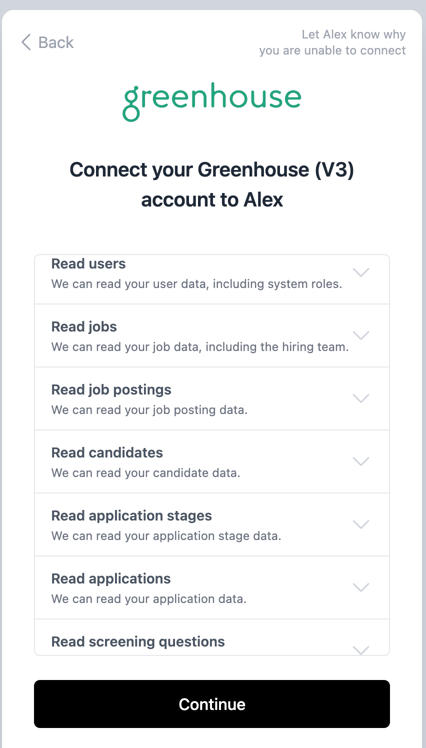 Greenhouse authorization screen listing the permissions Alex AI is requesting.