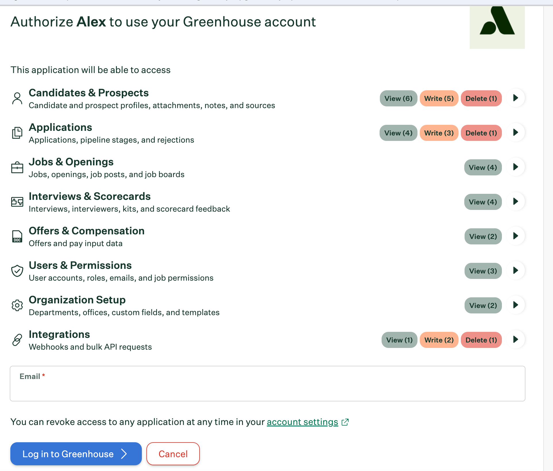Greenhouse sign-in screen for approving the Alex AI authorization.