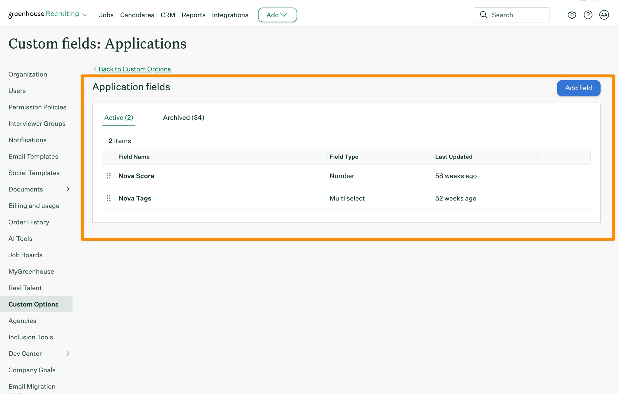 Greenhouse Custom Fields settings showing the Nova Score and Nova Tags application fields.