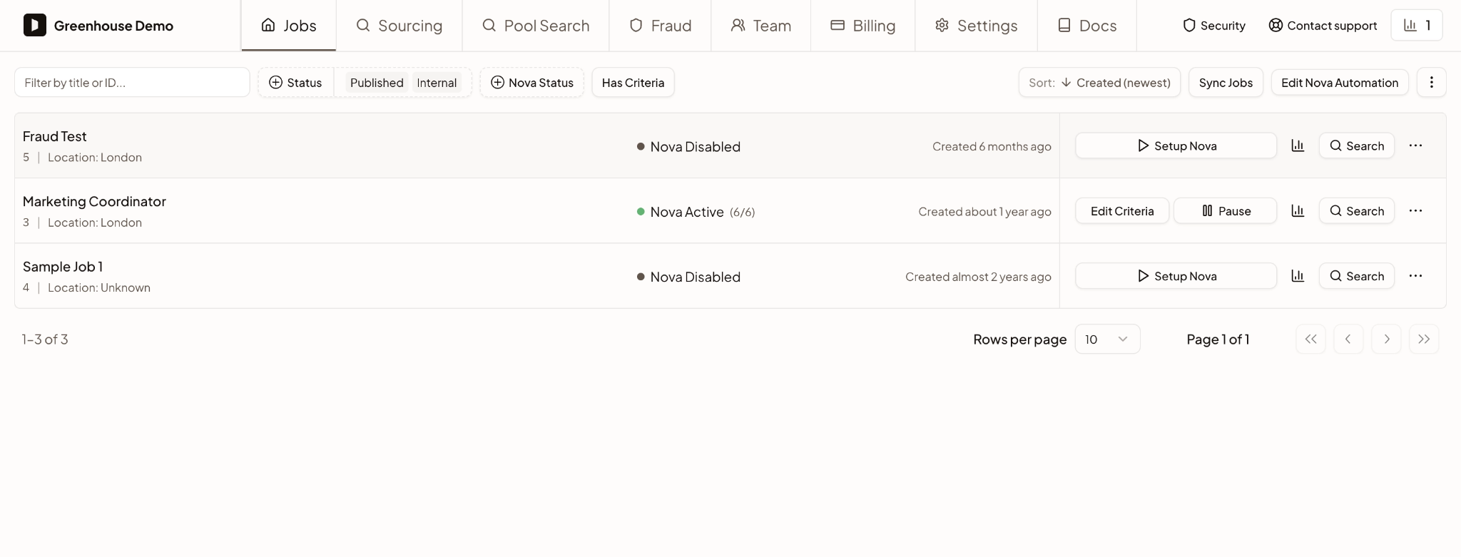 Nova dashboard showing jobs syncing from Greenhouse.