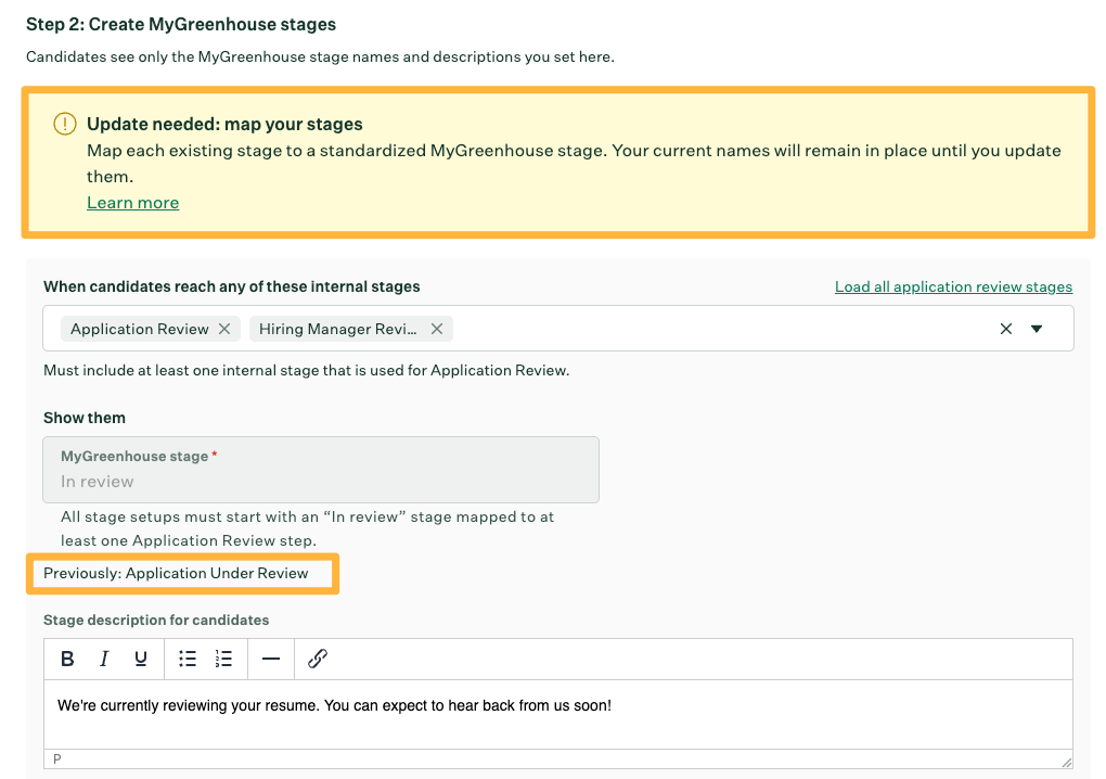 Update needed and previously tag on stages