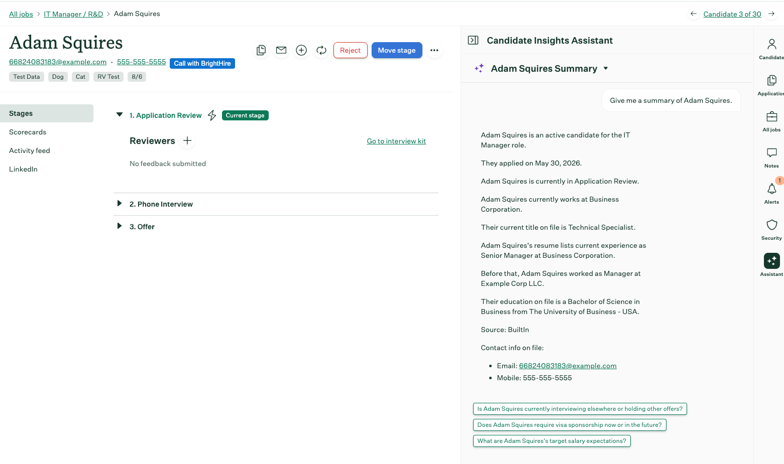 Ask questions about a candidate in the Candidate Insights Assistant panel
