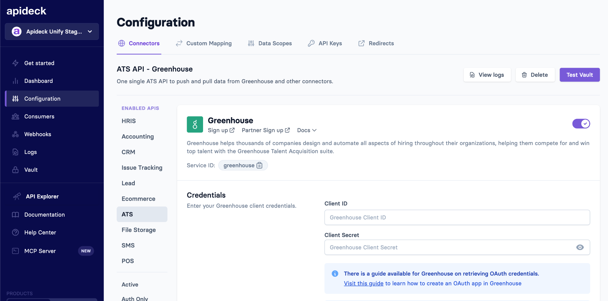 Apideck Dashboard showing the Greenhouse connector configuration with Client ID and Client Secret fields