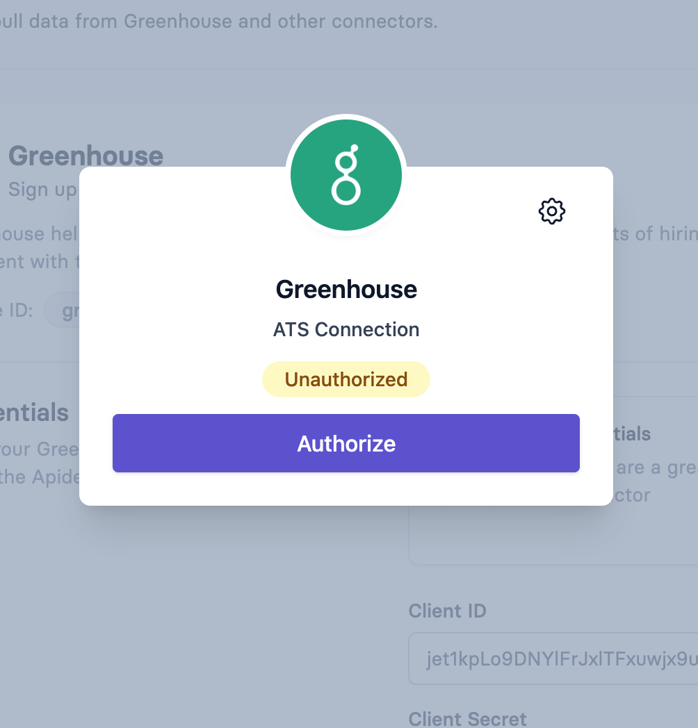 Apideck Vault connection screen with Greenhouse selected