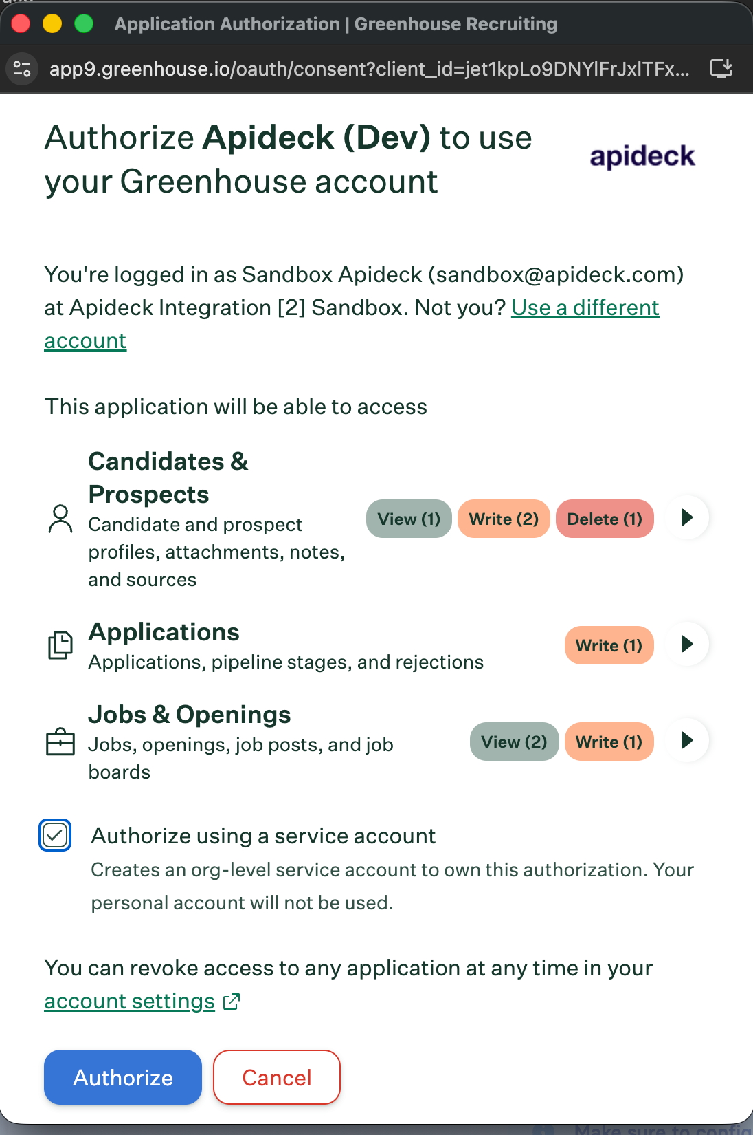 Greenhouse scope approval screen for the Apideck connection