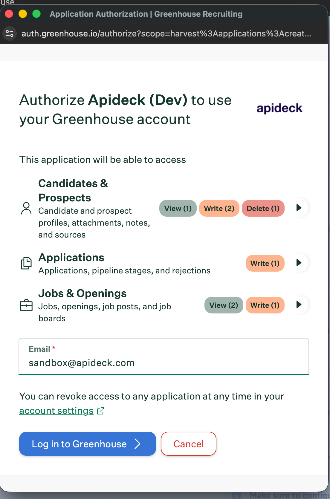 Greenhouse sign-in screen for authorizing the Apideck connection