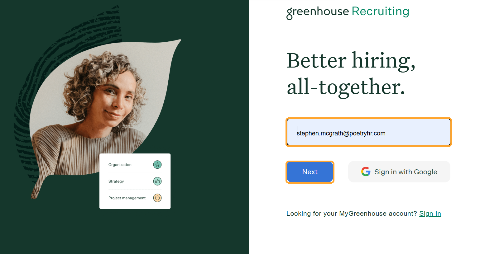 Sign in to the Greenhouse account used to authorise the integration