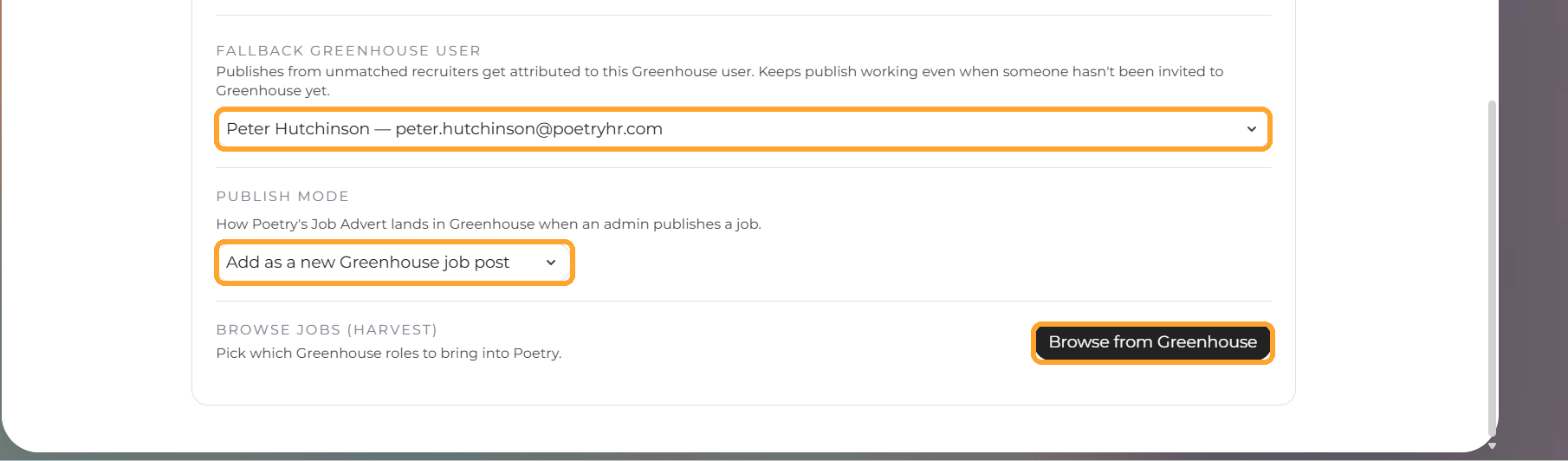 Set the fallback Greenhouse user and confirm how Poetry job adverts are added in Greenhouse