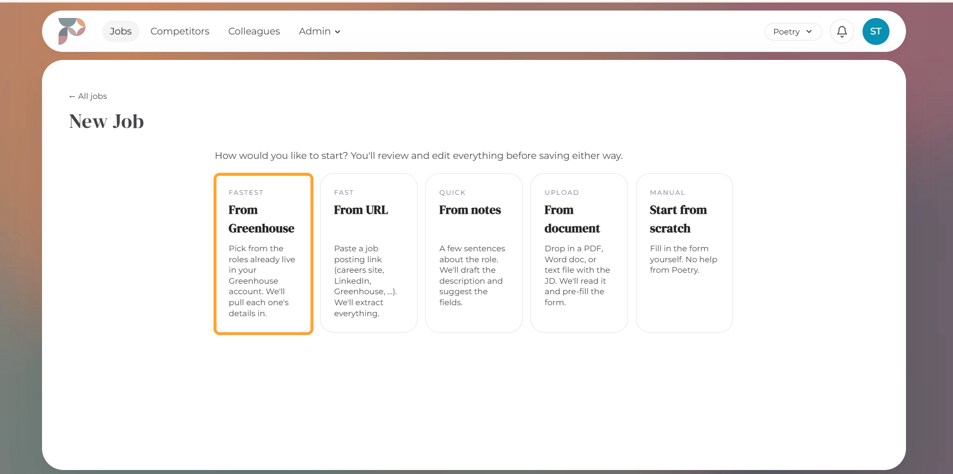Select From Greenhouse as the job starting point