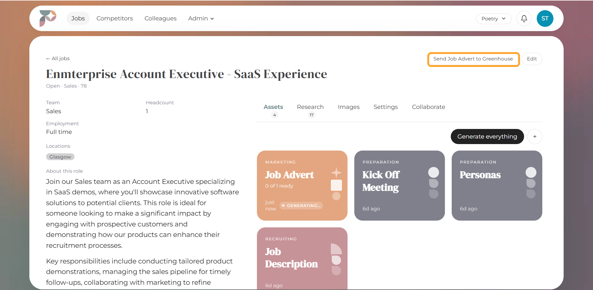Select Send Job Advert to Greenhouse from the linked Poetry job