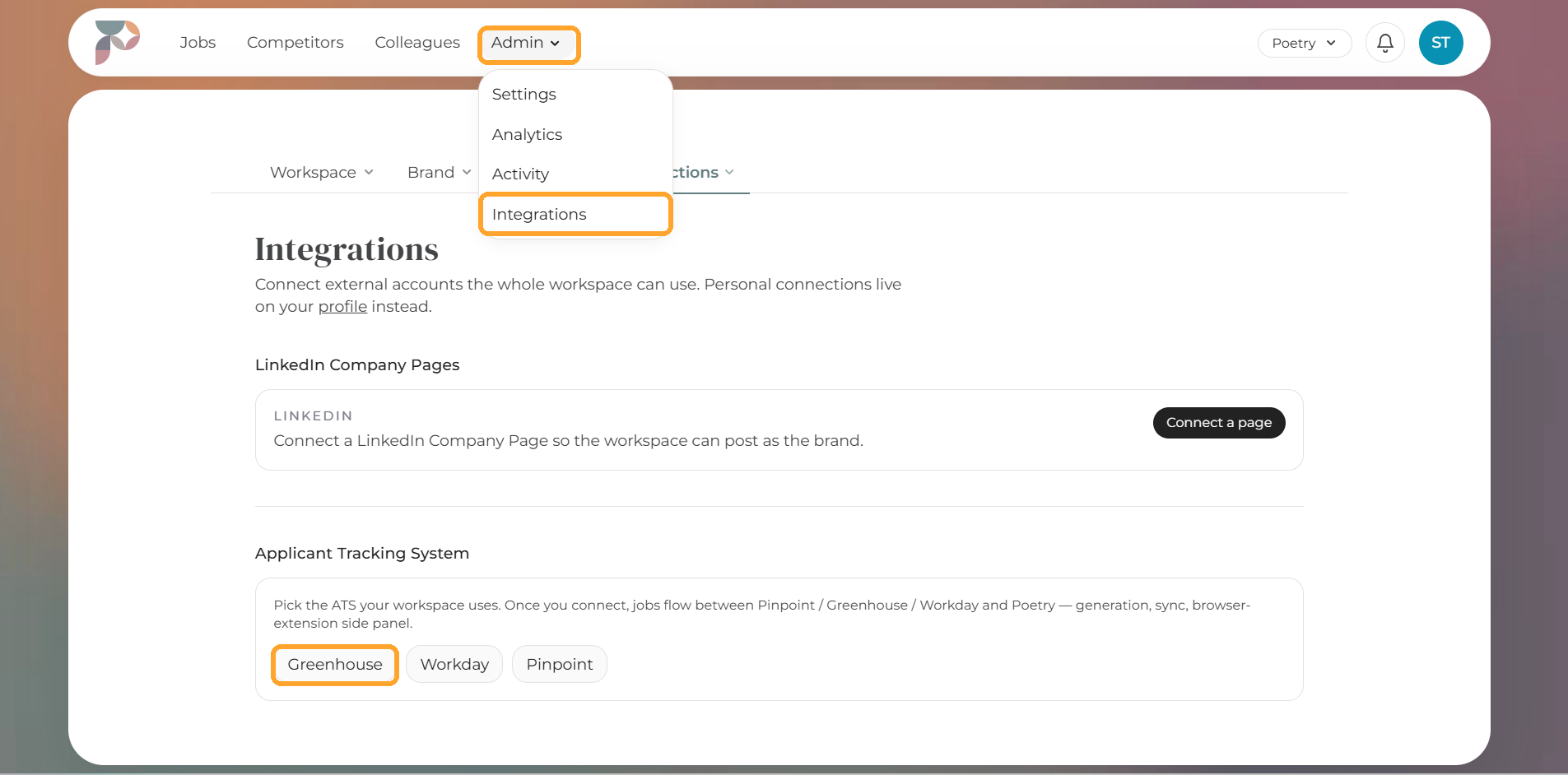 Open Admin > Integrations and select Greenhouse under Applicant Tracking System