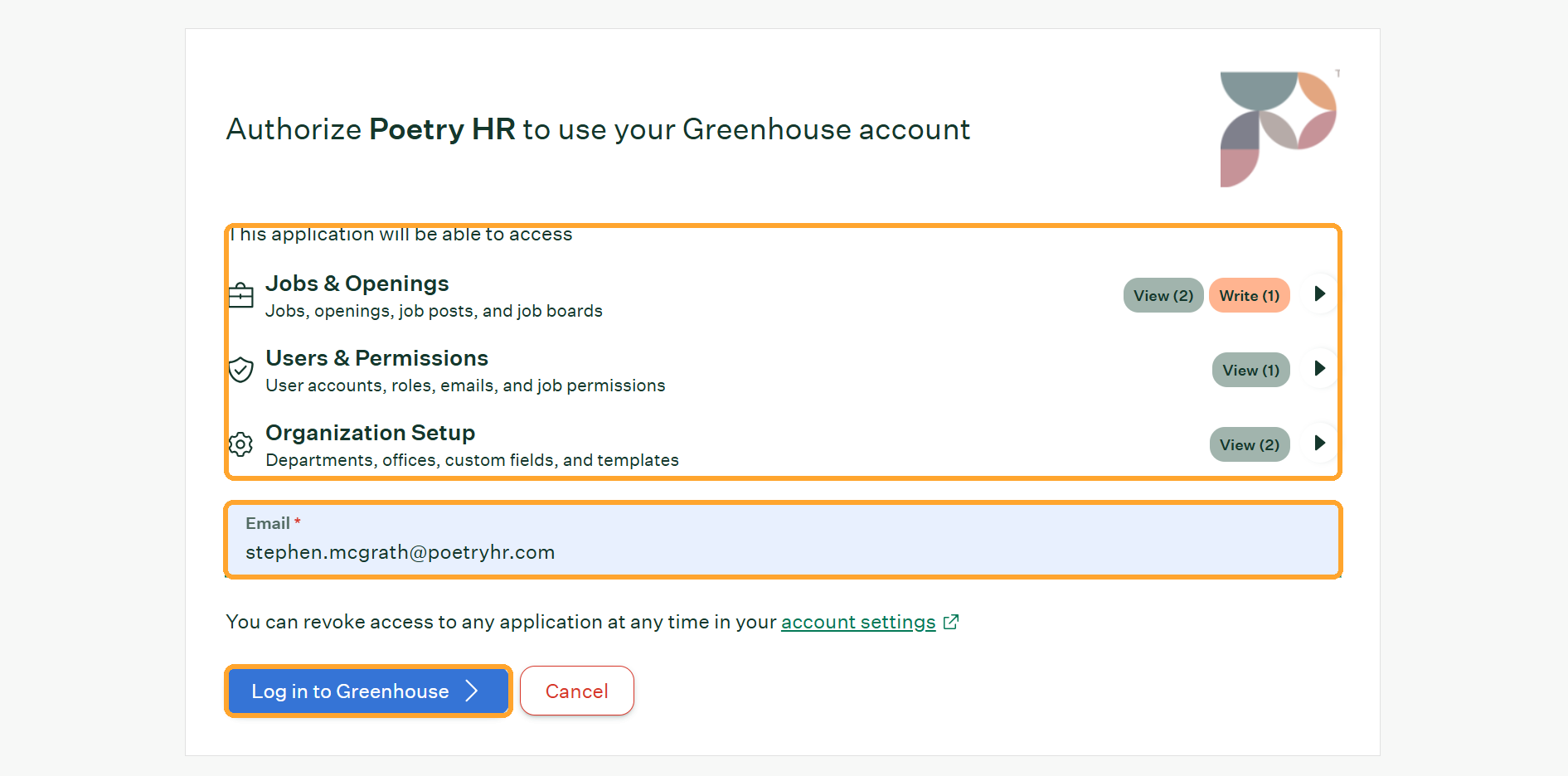 Review the requested access and continue to Greenhouse