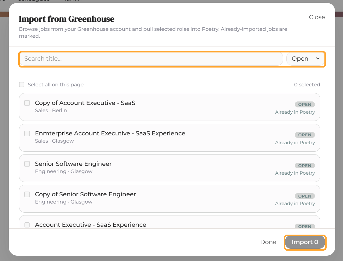 Select one or more Greenhouse jobs to import into Poetry