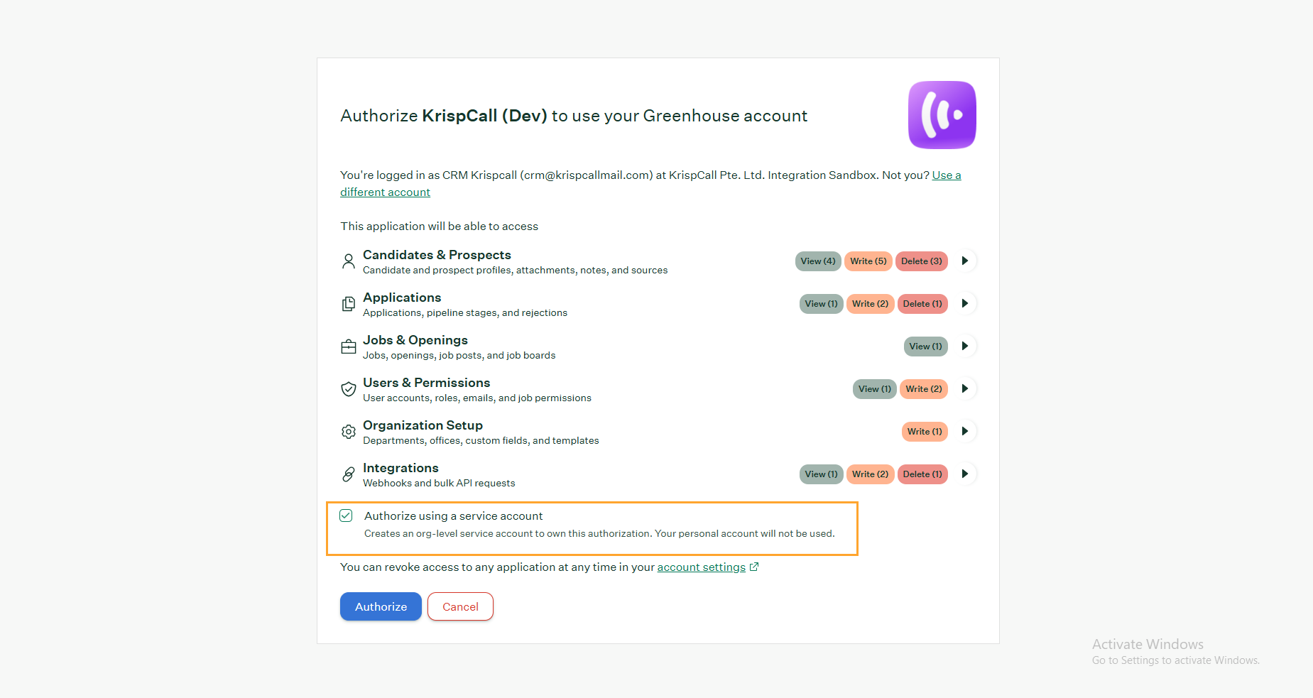 Greenhouse permissions review and Authorize screen