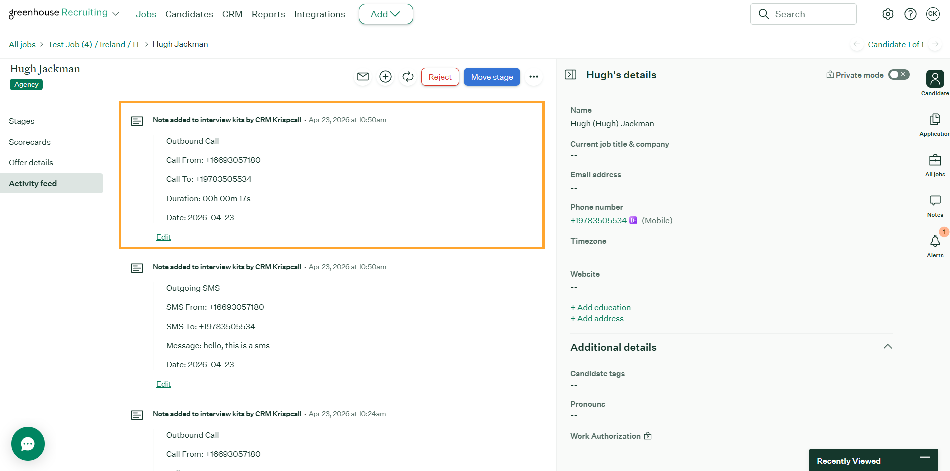 Call details logged in the candidate's activity timeline