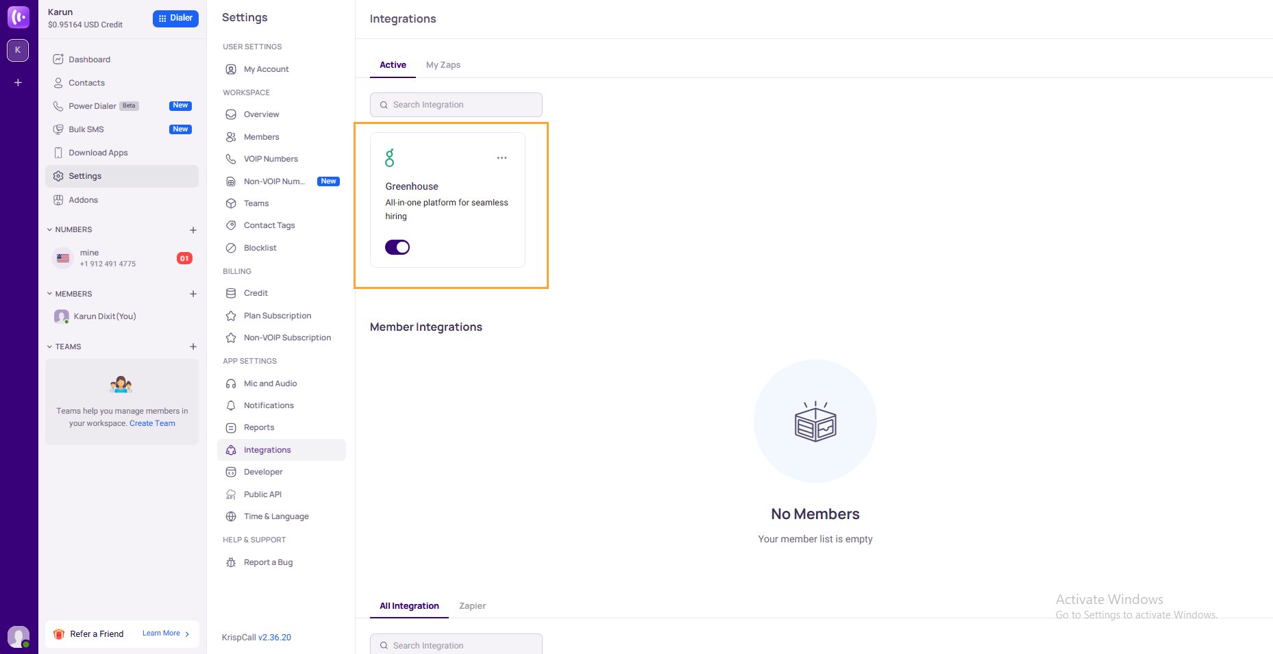 Greenhouse listed under Active Integrations in KrispCall