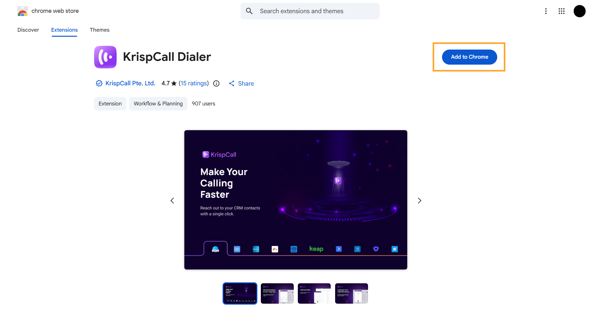 Add to Chrome button on the KrispCall Chrome Dialer page