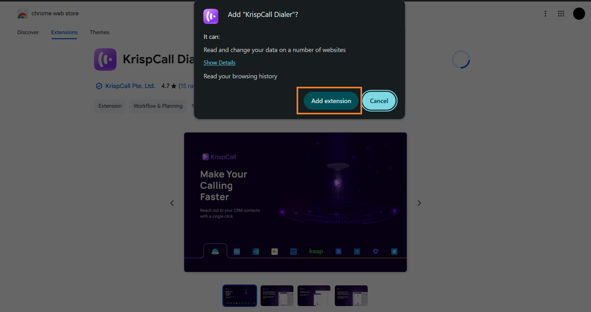 Add Extension confirmation dialog