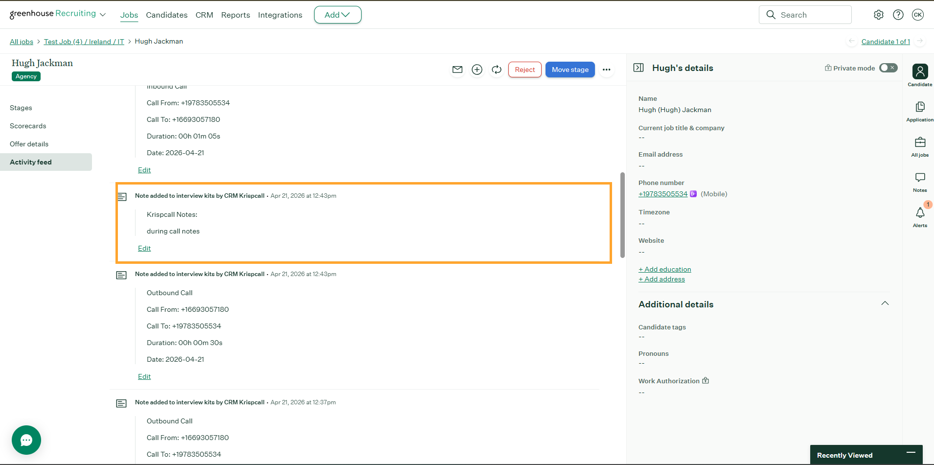 Call notes logged in the candidate's activity timeline