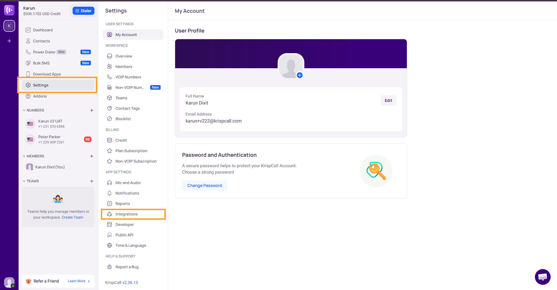 KrispCall Settings and Integrations page