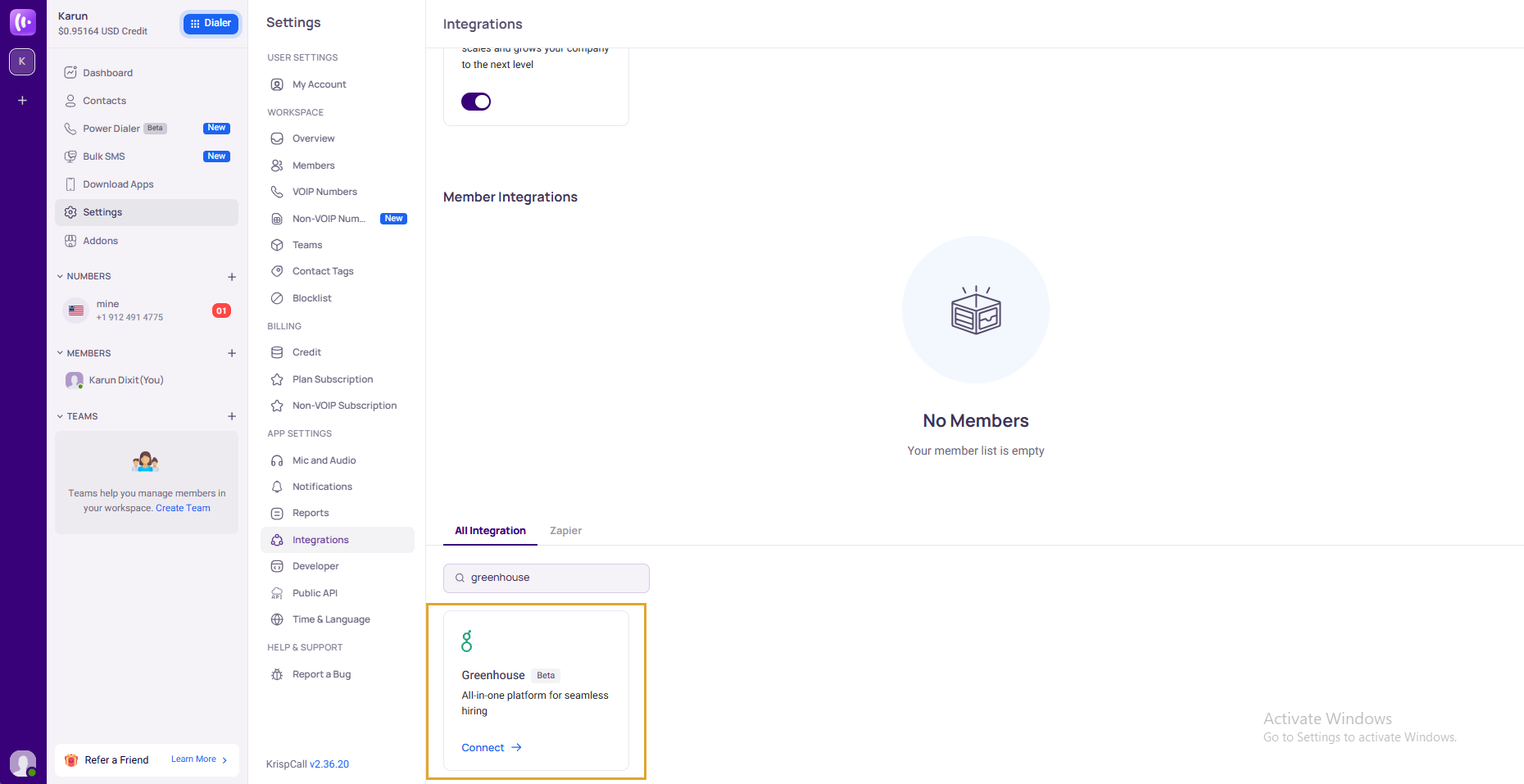 Greenhouse integration card in KrispCall with Connect button