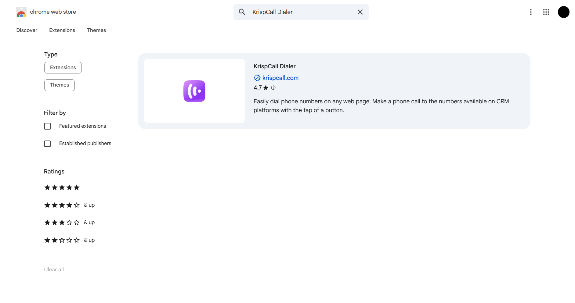 KrispCall Chrome Dialer page in the Chrome Web Store