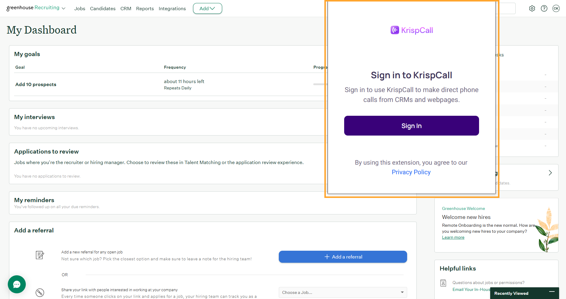 KrispCall Chrome Dialer sign-in screen