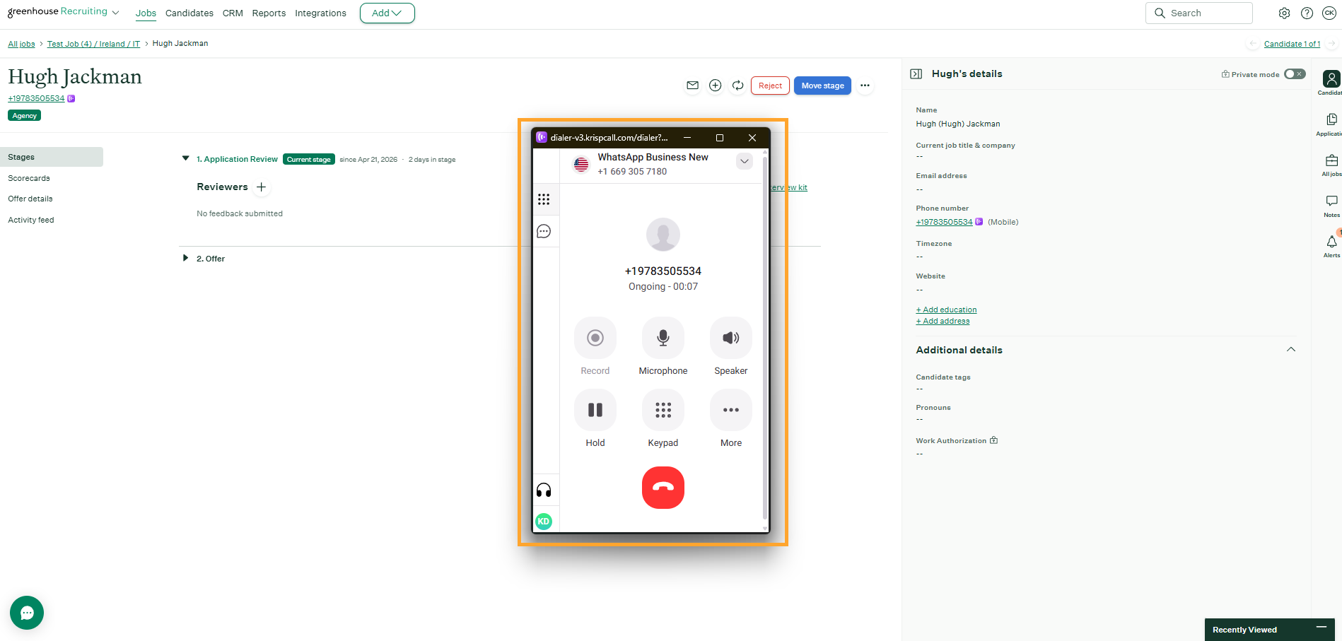 Call controls shown during a KrispCall call