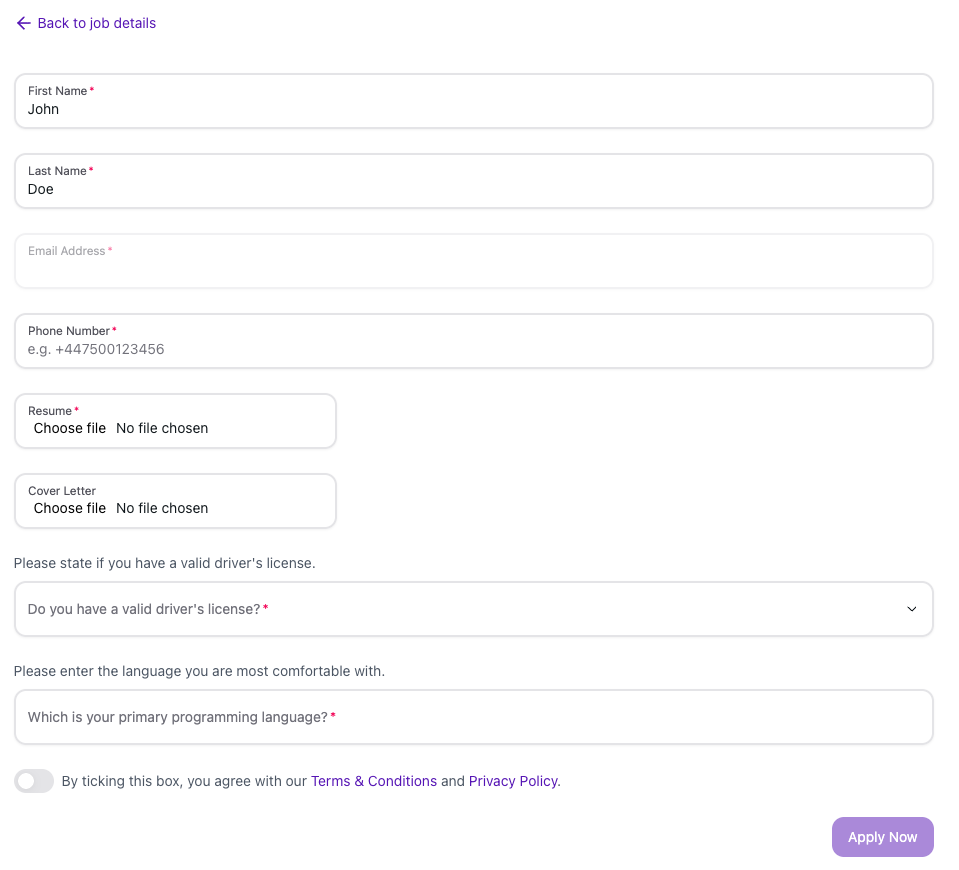 Greenhouse screening questions rendered on the Real Links application form