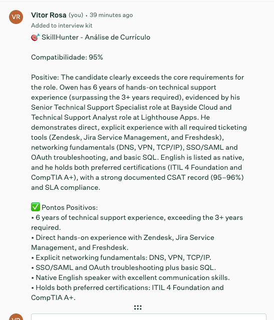 Candidate's Greenhouse notes showing the SkillHunter score and feedback