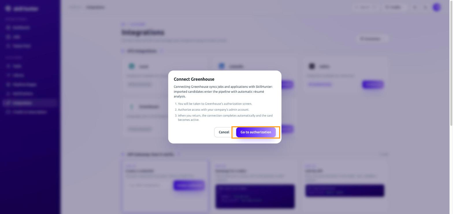 SkillHunter Connect Greenhouse dialog with the Go to authorization button
