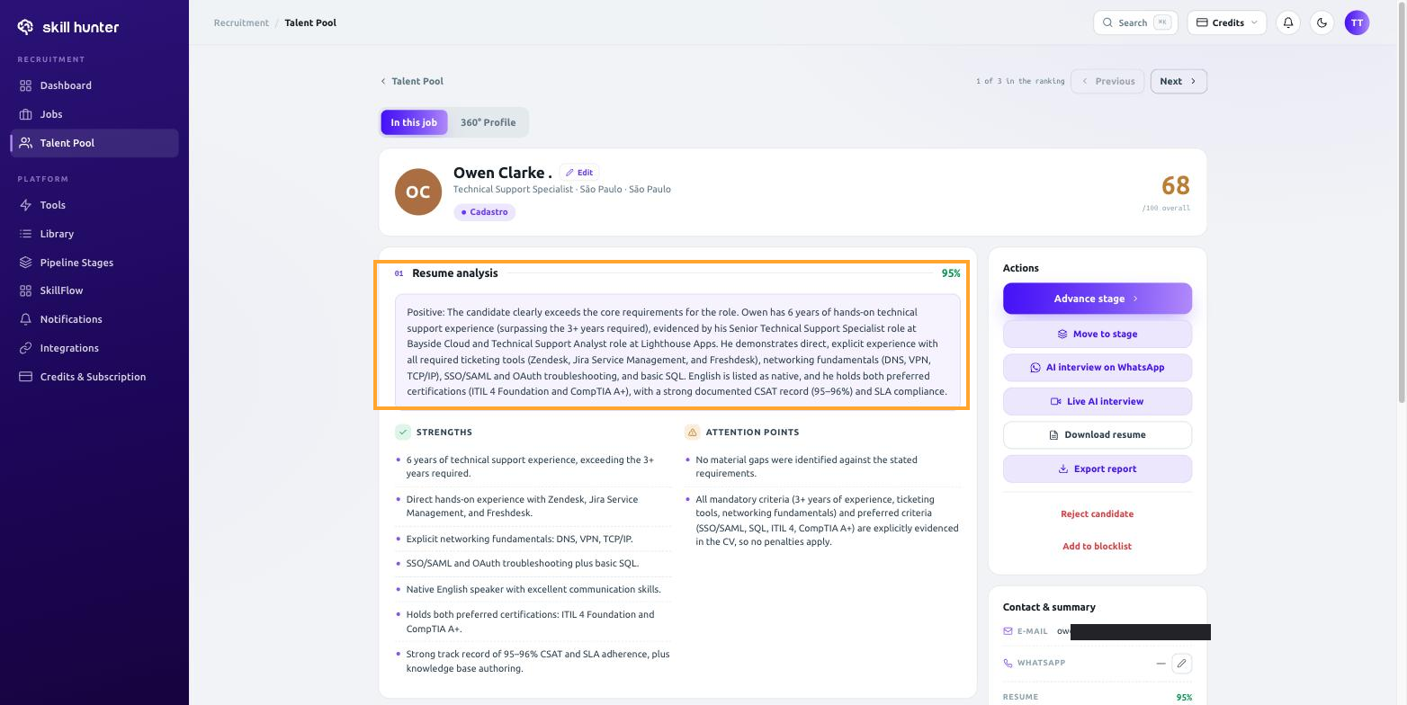 Completed résumé analysis in the SkillHunter dashboard, including the overall score and résumé match