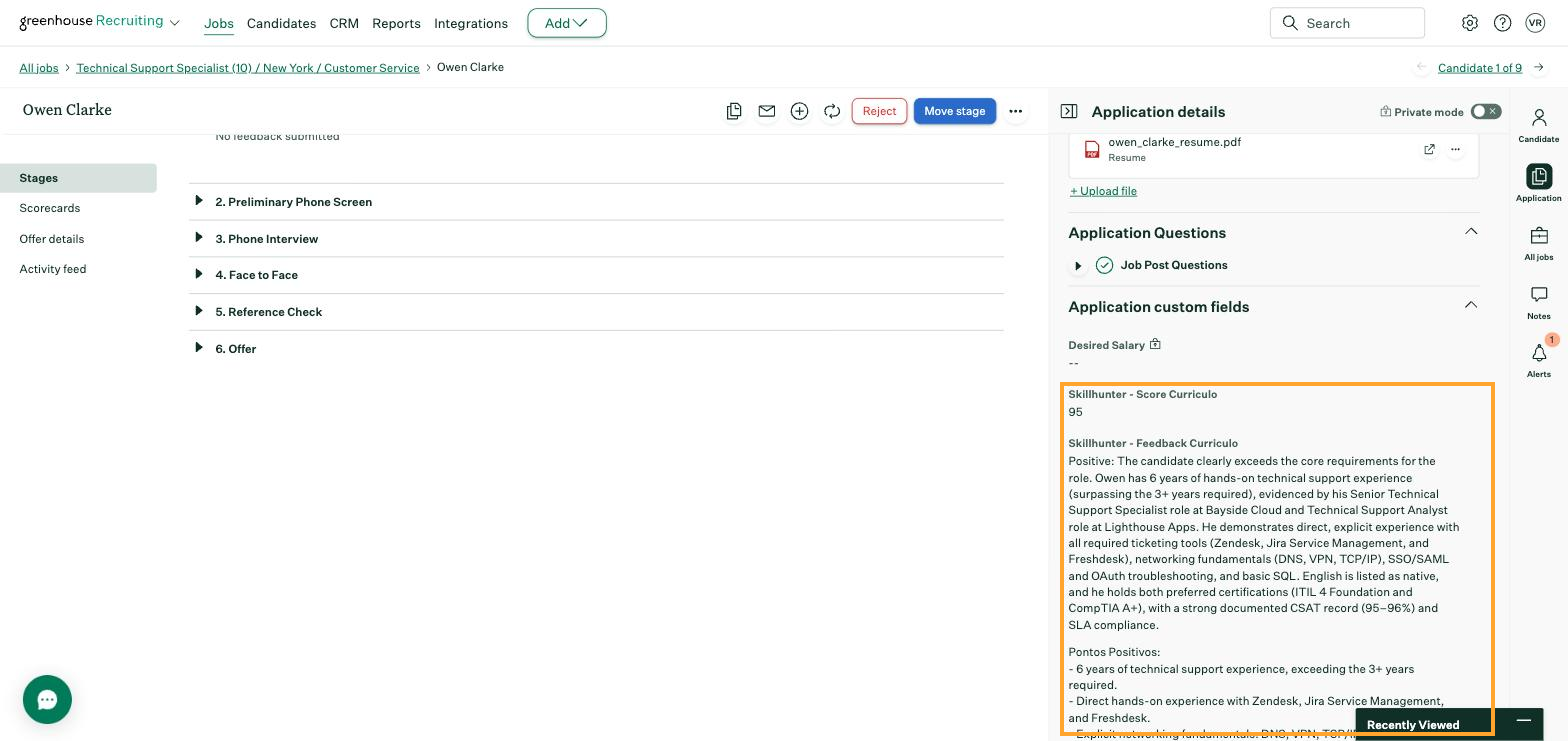 Candidate's Greenhouse application showing the SkillHunter score, feedback, and tag custom fields