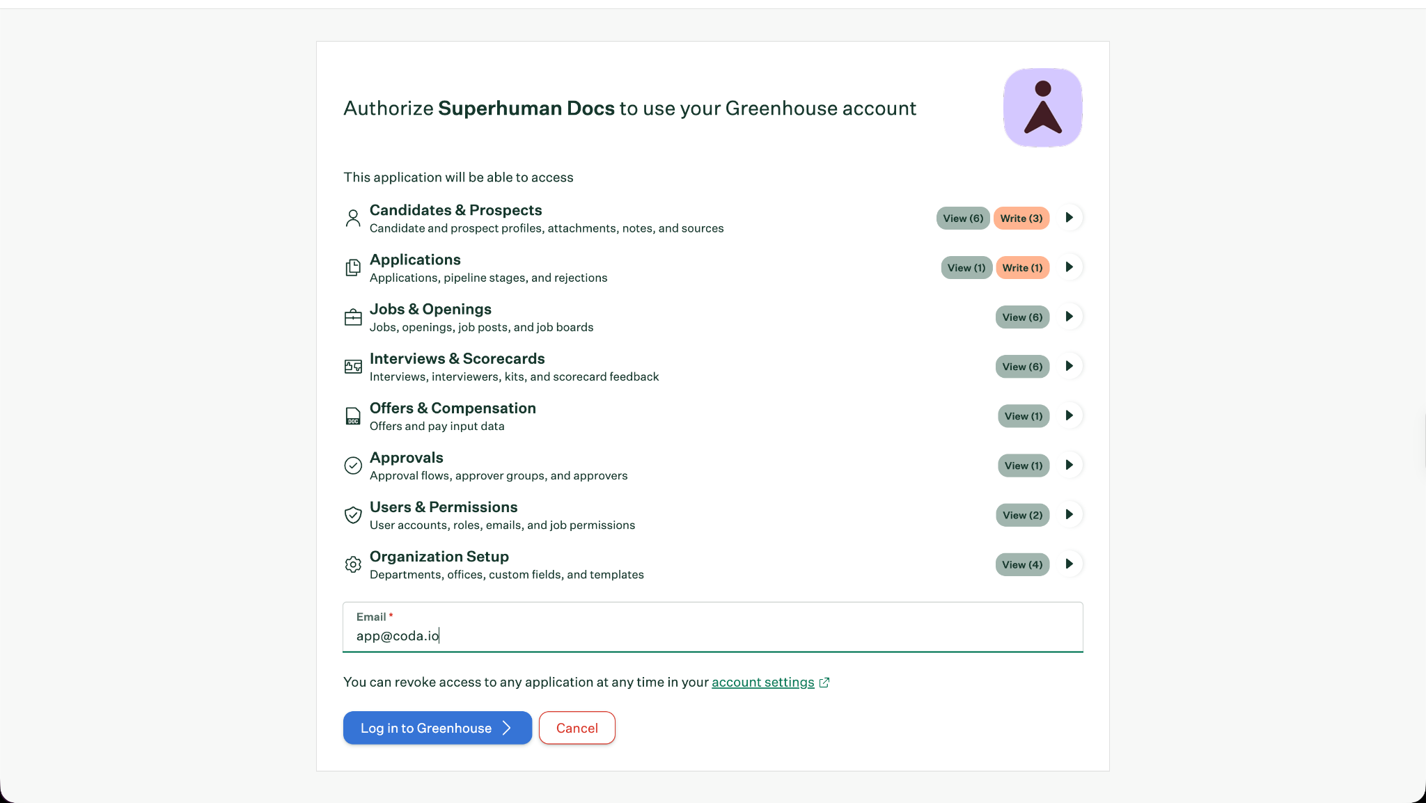Pack panel showing the connected Greenhouse account