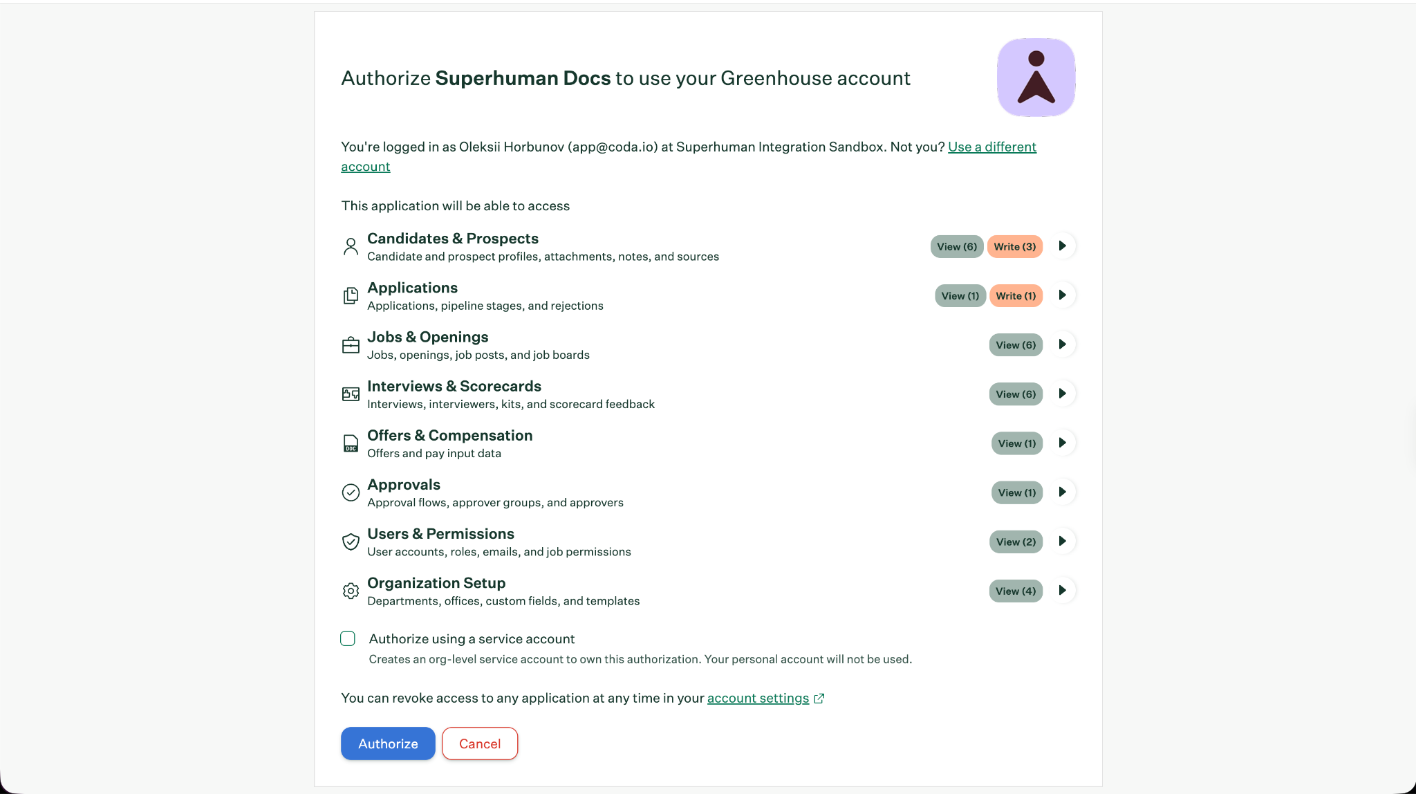 Pack panel with connected account details