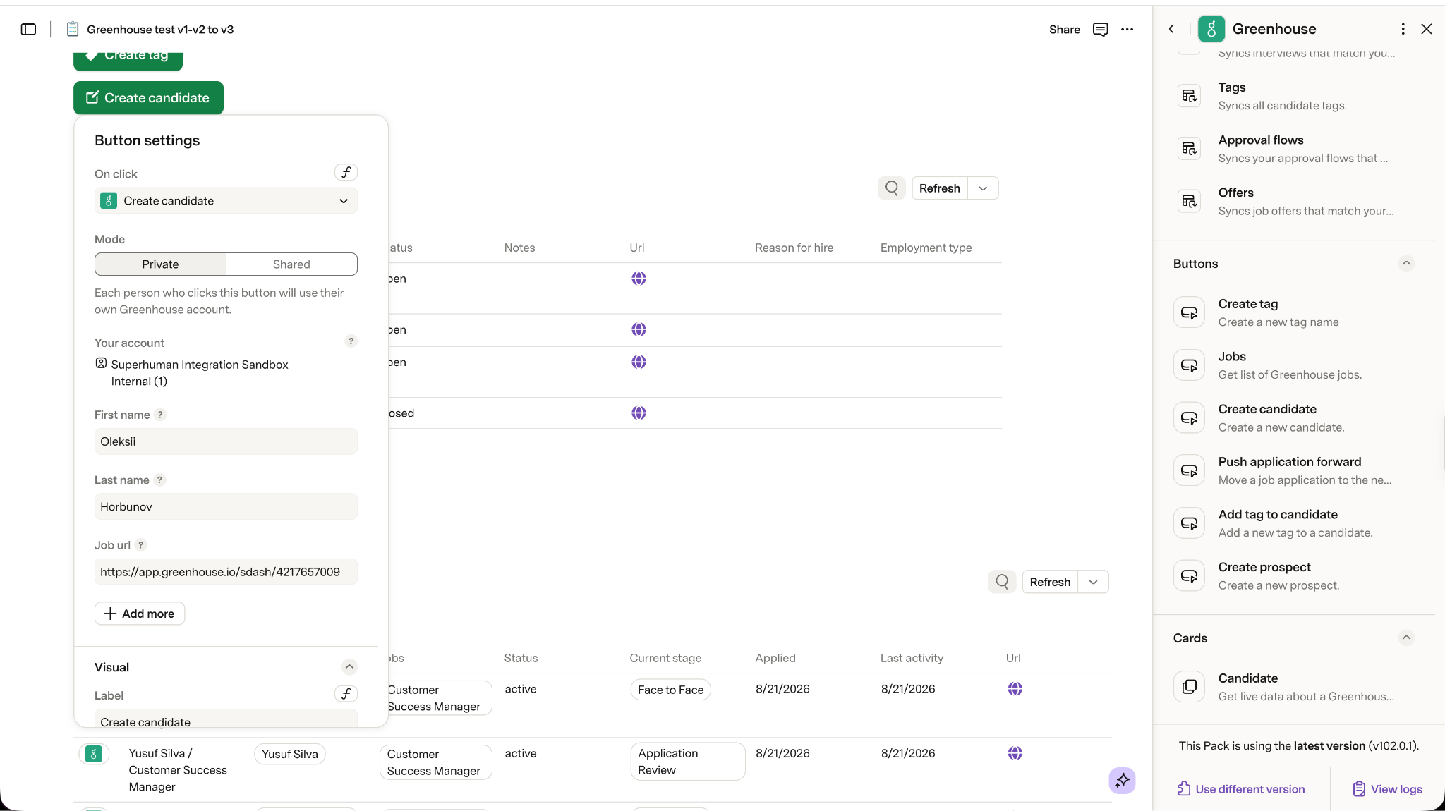 Button configured with the CreateProspect action