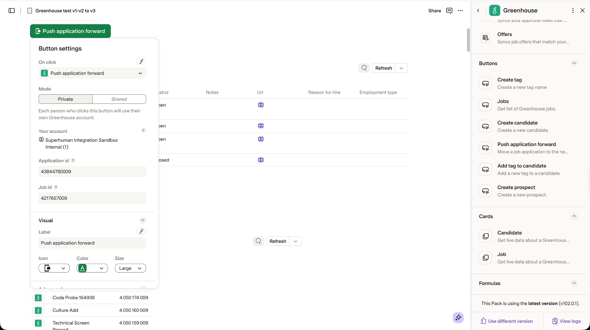 PushApplicationForward action configured on a button