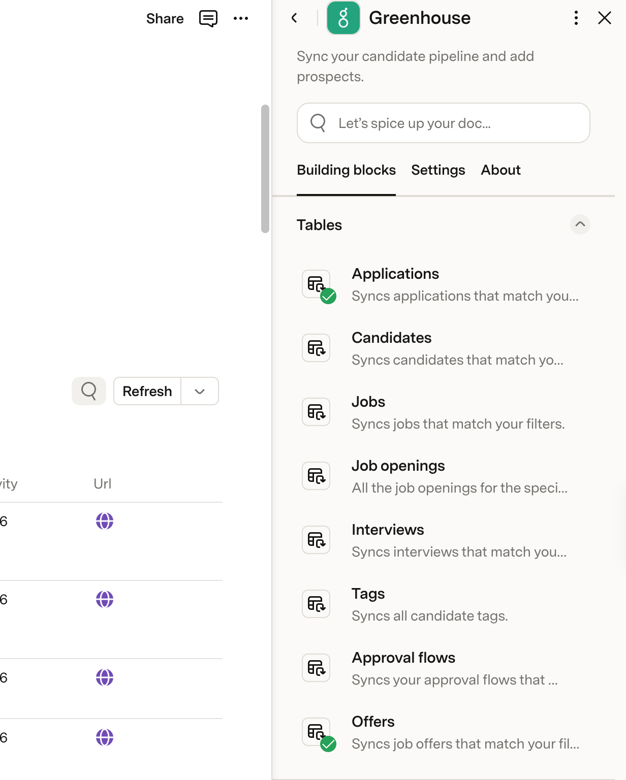 Building blocks tab showing available Greenhouse Pack components