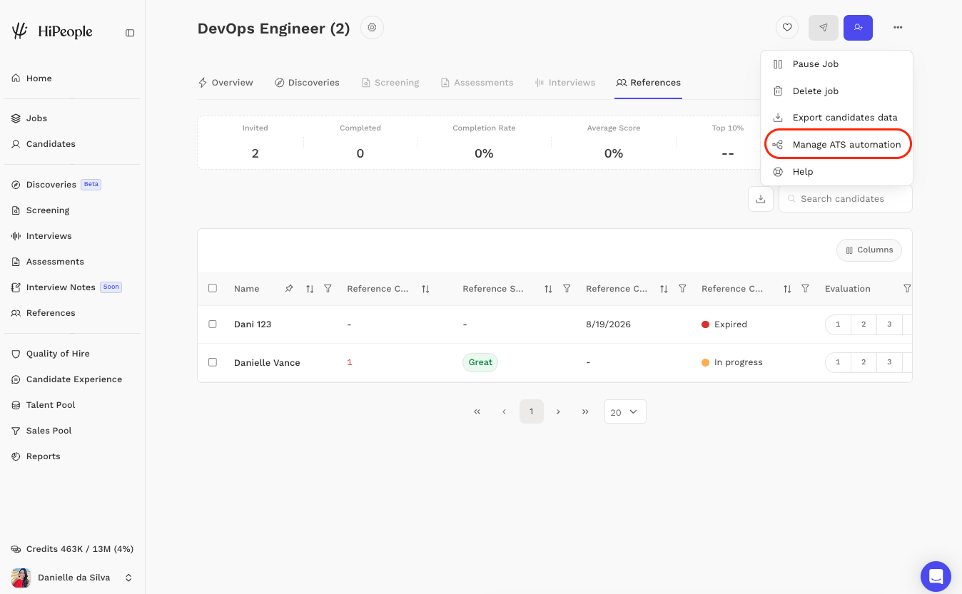 HiPeople role menu with Manage ATS automation option