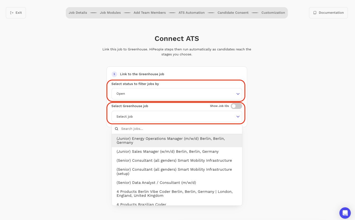 Job status and Greenhouse job selection drop-down bars