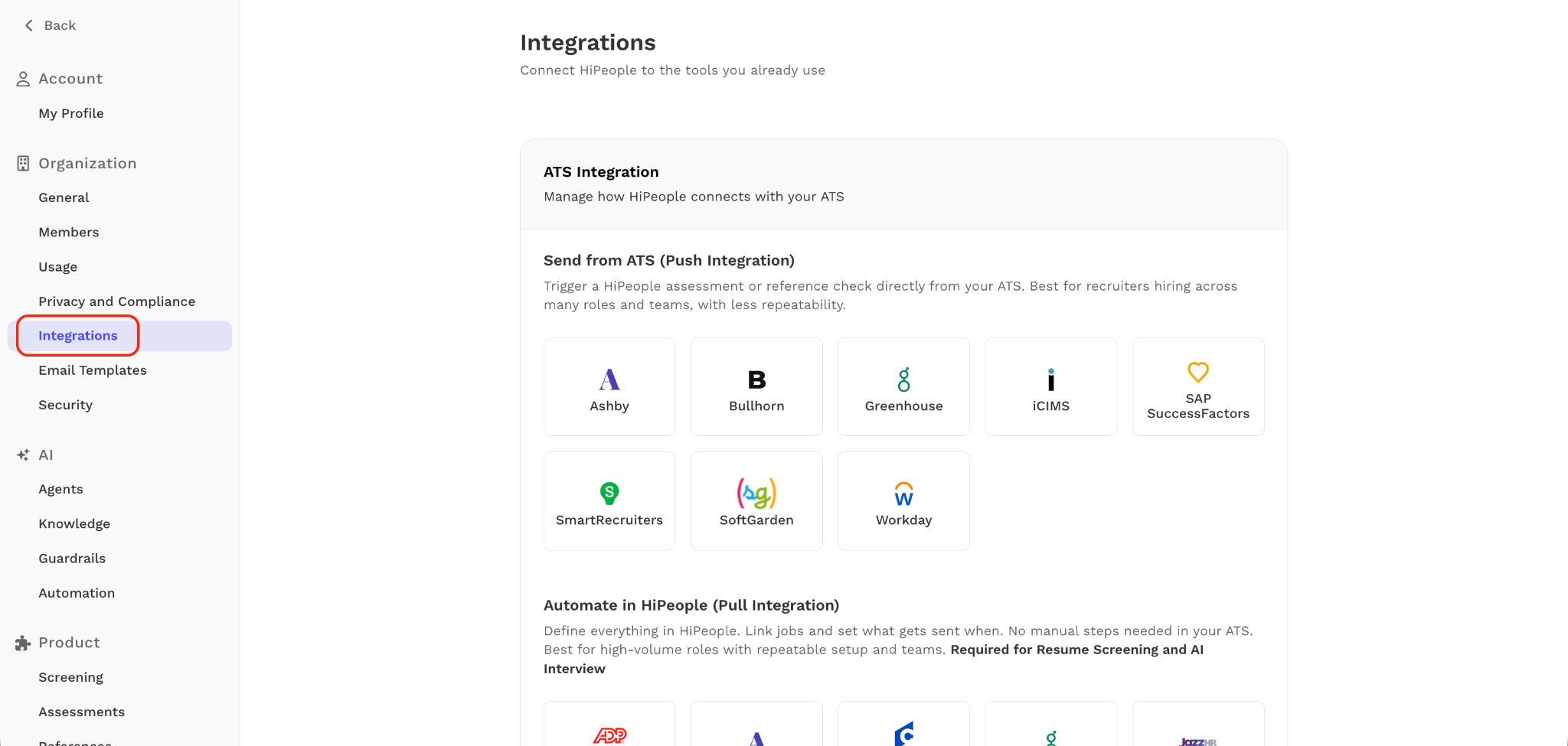 HiPeople left navigation menu with Integrations option