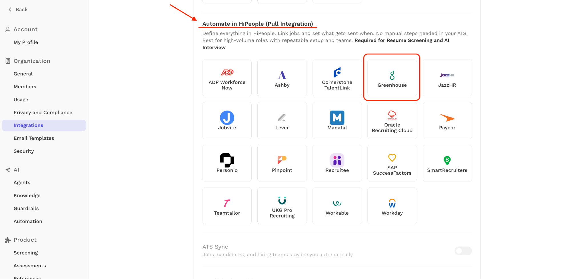 Automate in HiPeople section showing the Greenhouse integration tile