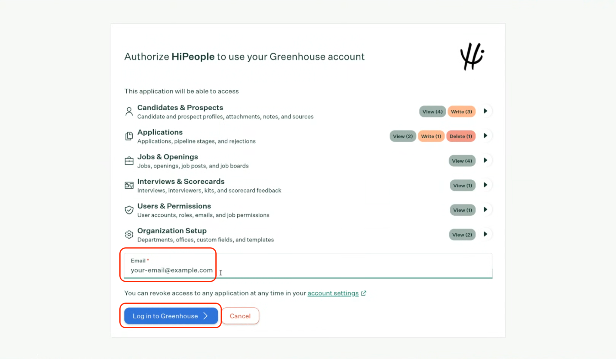 Greenhouse authentication flow with email field and Log in to Greenhouse button